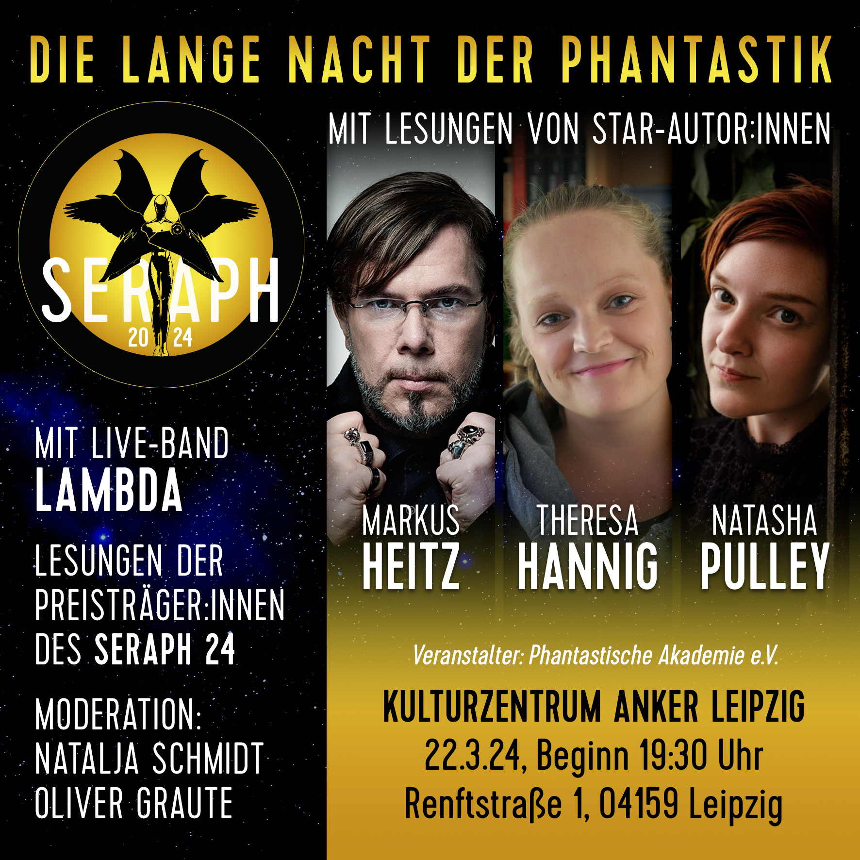 Plakat mit der Ankündigung der Langen Nacht der Phantastik mit Lesungen von Markus Heitz, Theresa Hannig, Natasha Pulley und den Preisträger*innen des Seraph 2024